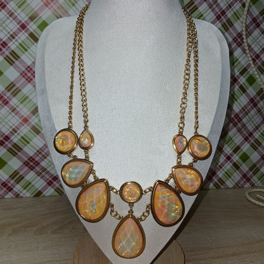 Gold Tone Yellow Rhinestone Teardrop Vintage Necklace Costume Jewelry #108